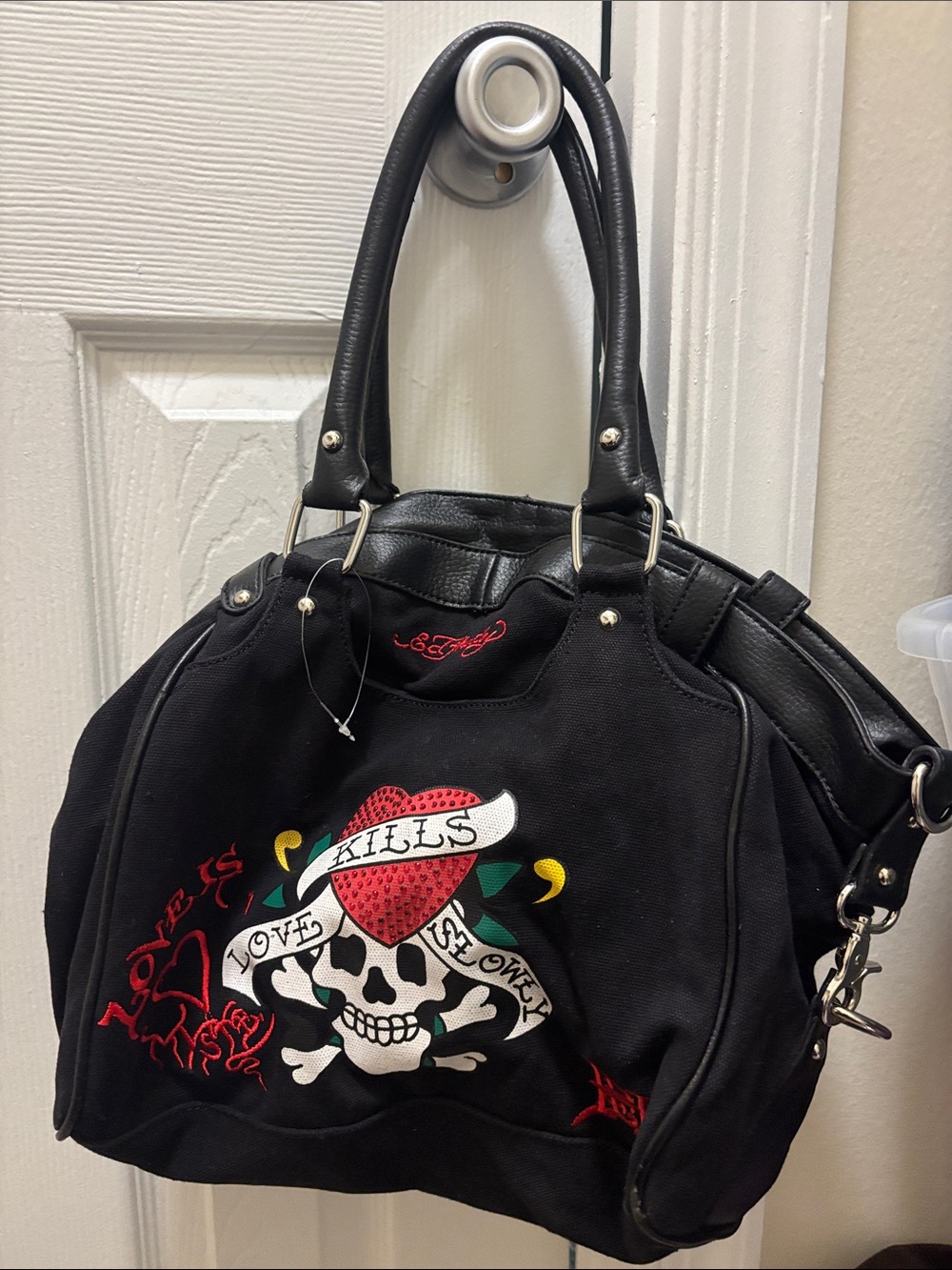 Ed Hardy Black Shoulder Bag with Tattoo-Inspired Skull & Heart Embroidery